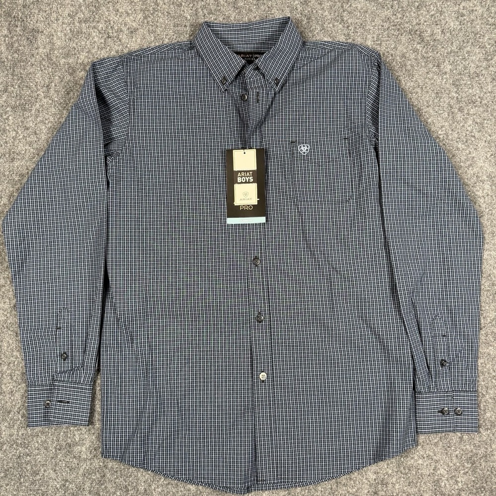 🤠 NWT Ariat Pro Series Boys XL 18 Denero LS Perf Shirt Navy Grid Western Button